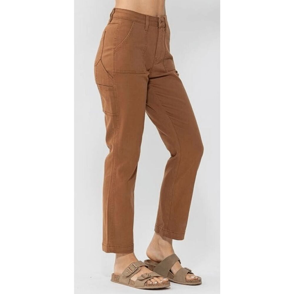 Judy Blue NWT Brown Utility Slim Fit Jeans High Waist Style 88462 Cuffed 27.5” S - Picture 2 of 6
